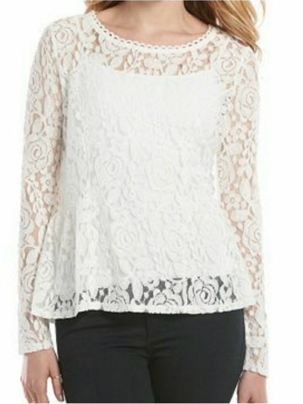 LC Lauren Conrad Runway Collection White Lace Peplum Top XL Long Sleeve NWT